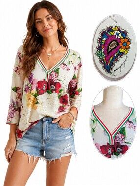 Magazine Floral Cotton Tunic Top V-Neck Long Sleeve Boho Cottagecore Sz M